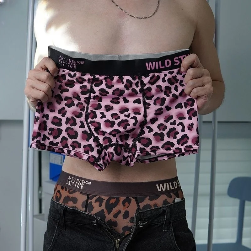 Men's leopard print underwear, men's sexy ice silk fabric, flat corner fashionable and personalized shorts, breathable underwear