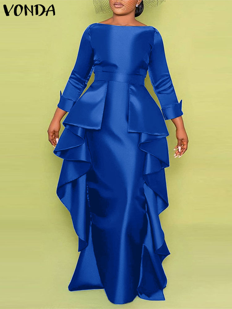 ボンダ-女性のボヘミアンマキシロングドレス,フラウンスサンドレス,エレガントなサテンドレス,カジュアルドレス,単色,ラージサイズ5XL, 2020