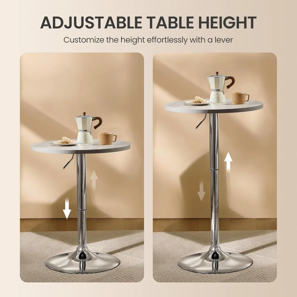 Round Bar Table, Adjustable Height and 360° Swivel Bar Tables, Cocktail Table with MDF Top, Silver Leg Base for Bar, Bistro