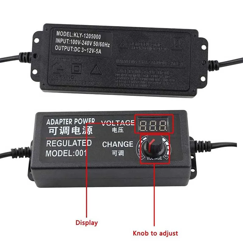 Adattatore regolabile da 3 V a 12 V 5 A o 3 V a 24 V 2 A Schermo di visualizzazione dell'alimentatore Manopola regolata Ingresso CC 5,5 * 2,5 mm US EU 100-240 V CA