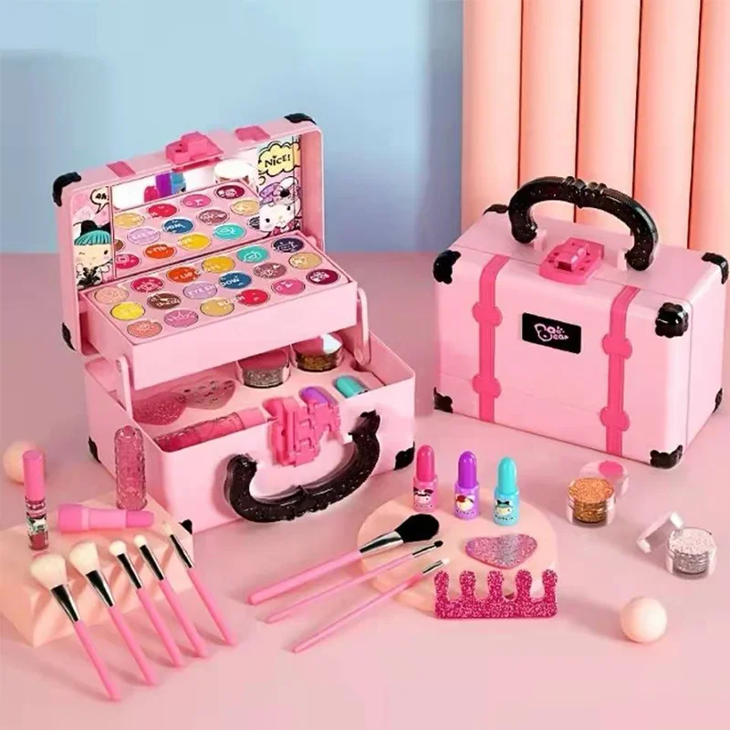 Juego de maquillaje de princesa para niños, lápiz labial no tóxico, sombra de ojos, Kit de cosméticos seguro, perfecto para juego de simulación, diversión para niñas