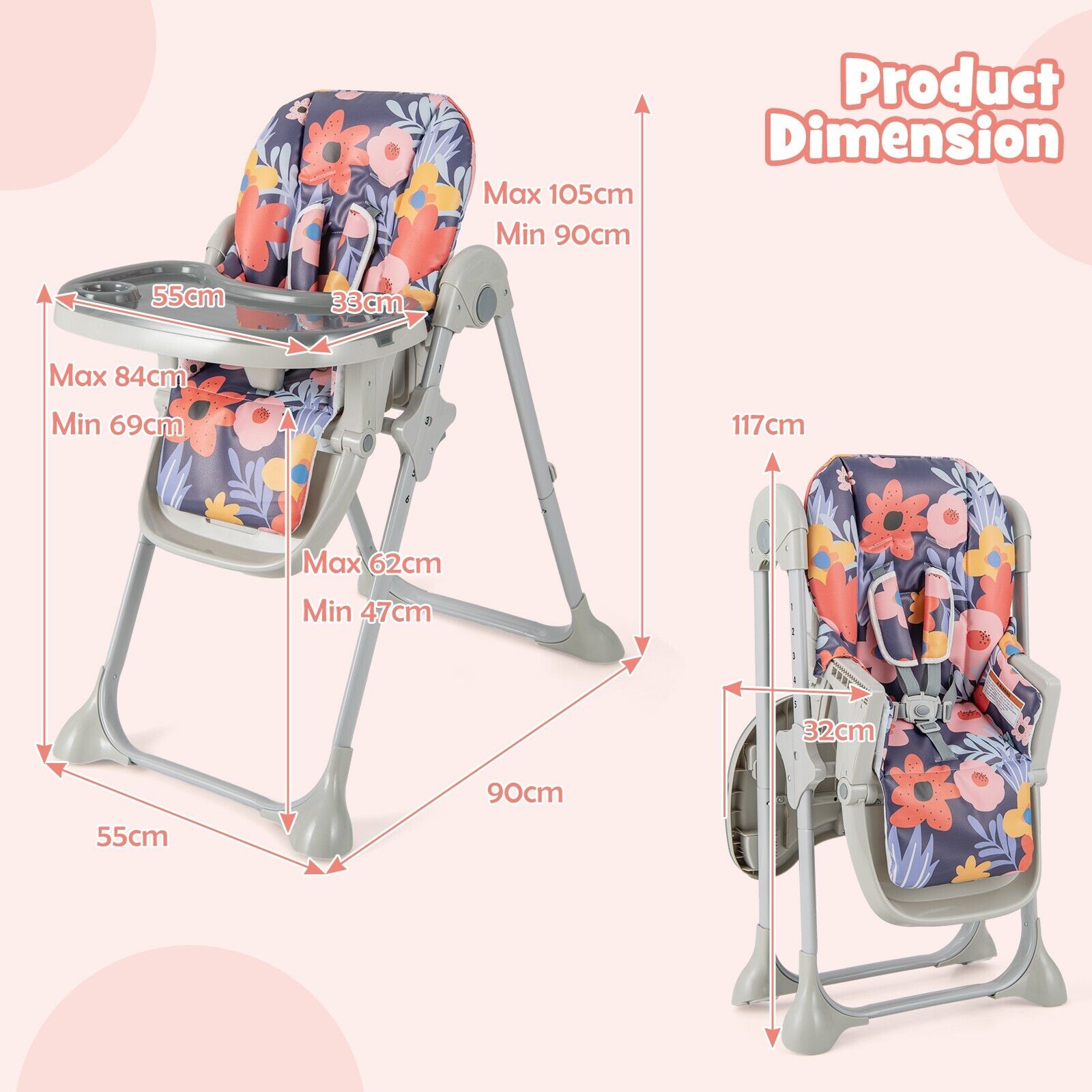 GOFLAME Folding Baby Highchair Height Adjustable Feeding Chair W/ Recline Footrest &Tray