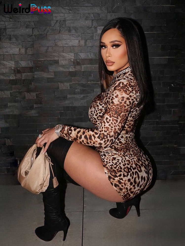 แปลกPussเสือดาวพิมพ์Romperผู้หญิง 2024 แนวโน้มฤดูใบไม้ร่วงHipsterแขนยาวO-คอผอมยืดStreetwearเซ็กซี่Playsuits