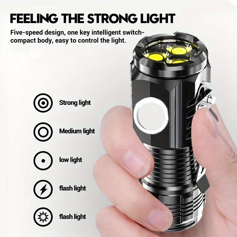 Mini Flashlight High Lumen 3 LED Emergency Light 5 Modes USB Rechargeable Flashlights Pocket Small Torch with Clip