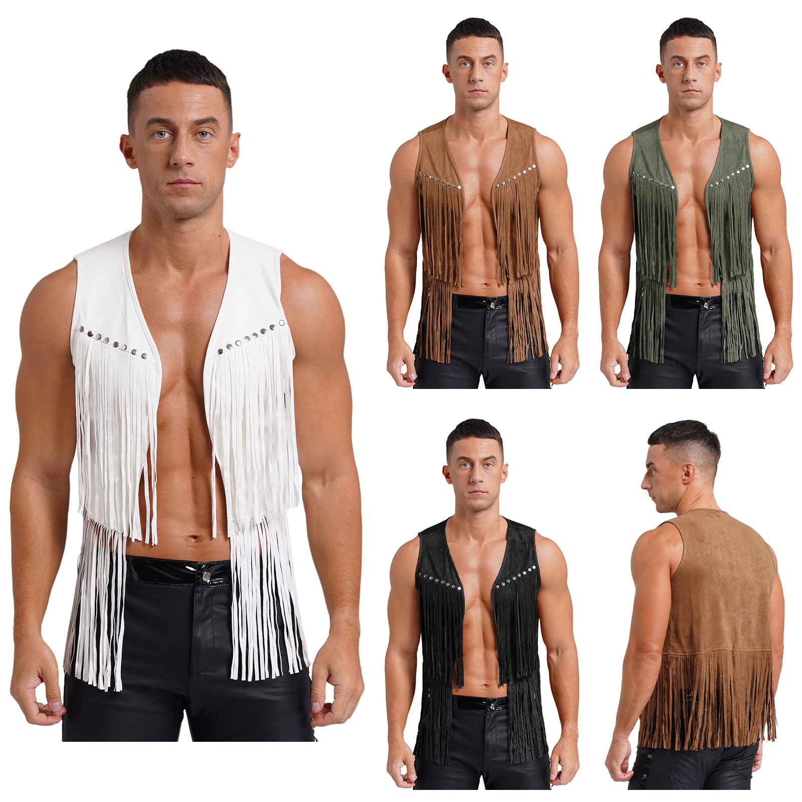 Herren-Weste aus Wildlederimitat mit Quasten, Western-Cowboy-Weste, modische Weste mit Nieten und Fransen vorne, ärmellose Jacke