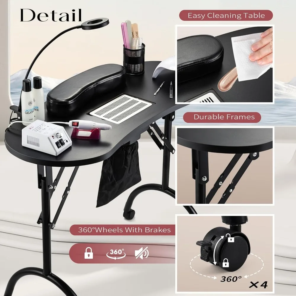 Portable Nail Table Manicure Desk Foldable Nails Tech Station with Dust Collector Nail Desk with Drawer & Wrist Rest Manicurist