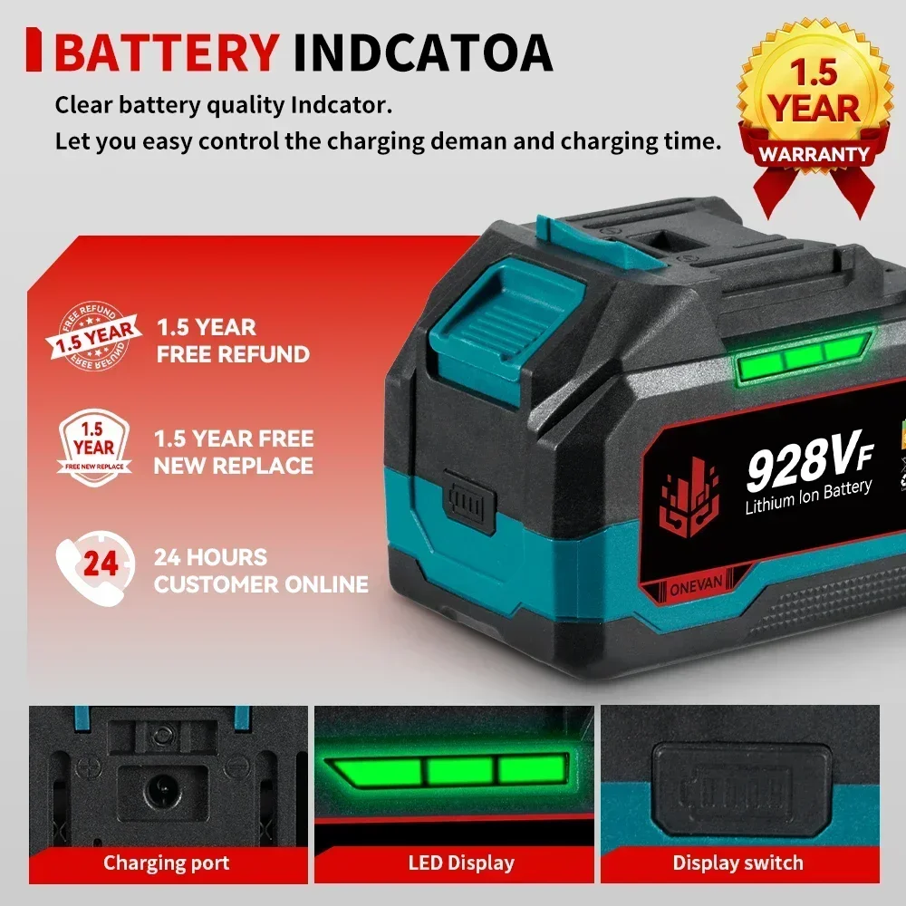 Onevan bateria de lítio 29900mah 22900mah recarregável 928vf 588vf indicador de capacidade para makita 18v chave elétrica ferramenta elétrica