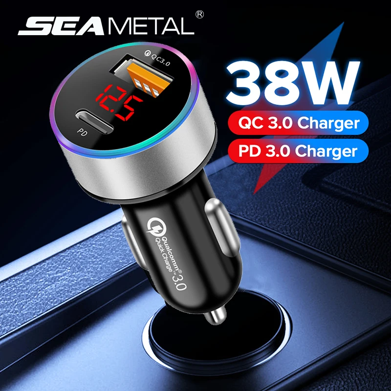 SEAMETAL-cargador de coche PD + USB QC3.0, cargador de teléfono de carga rápida de 38W, adaptador de encendedor de cigarrillos de 12-24V con pantalla de voltímetro Led