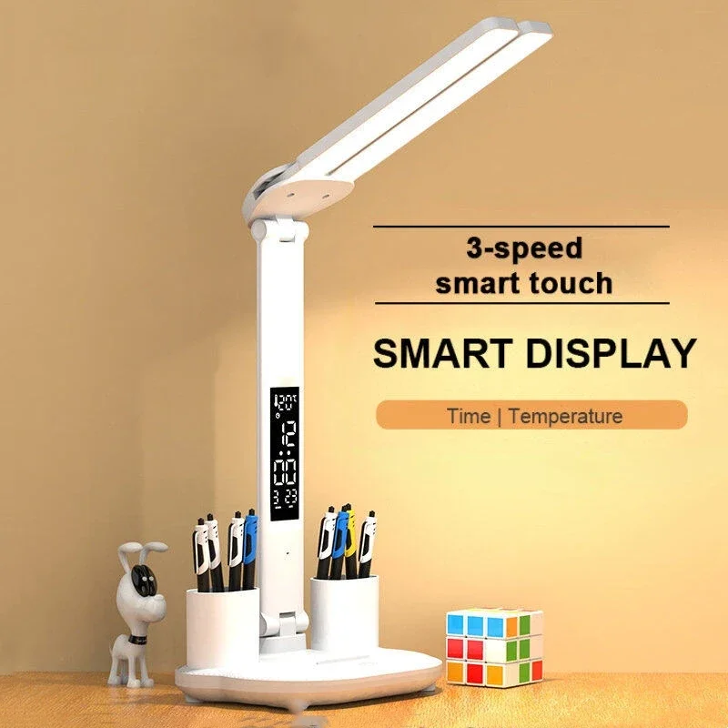 Lâmpada de mesa led de duas cabeças usb carregável regulável lâmpada de mesa com calendário relógio dobrável proteção para os olhos leitura luz noturna