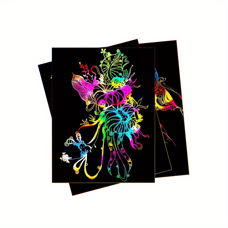 50 pcs Scratch Paper Kids Rainbow Magic Scratch Off Paper Sheets Art Craft Kit Black Note Paper Drawing Pads with Stencils