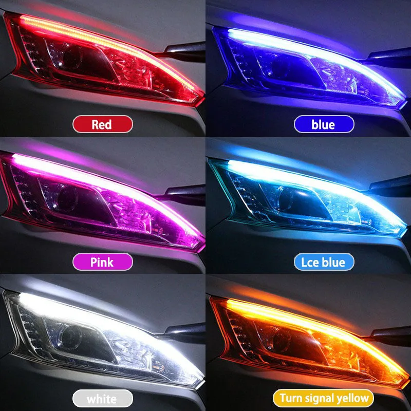 2pcs 12V LED DRL Car Daytime Running Light Flexible Waterproof Strip Auto Headlights White Turn Signal Yellow Brake Flow Lights