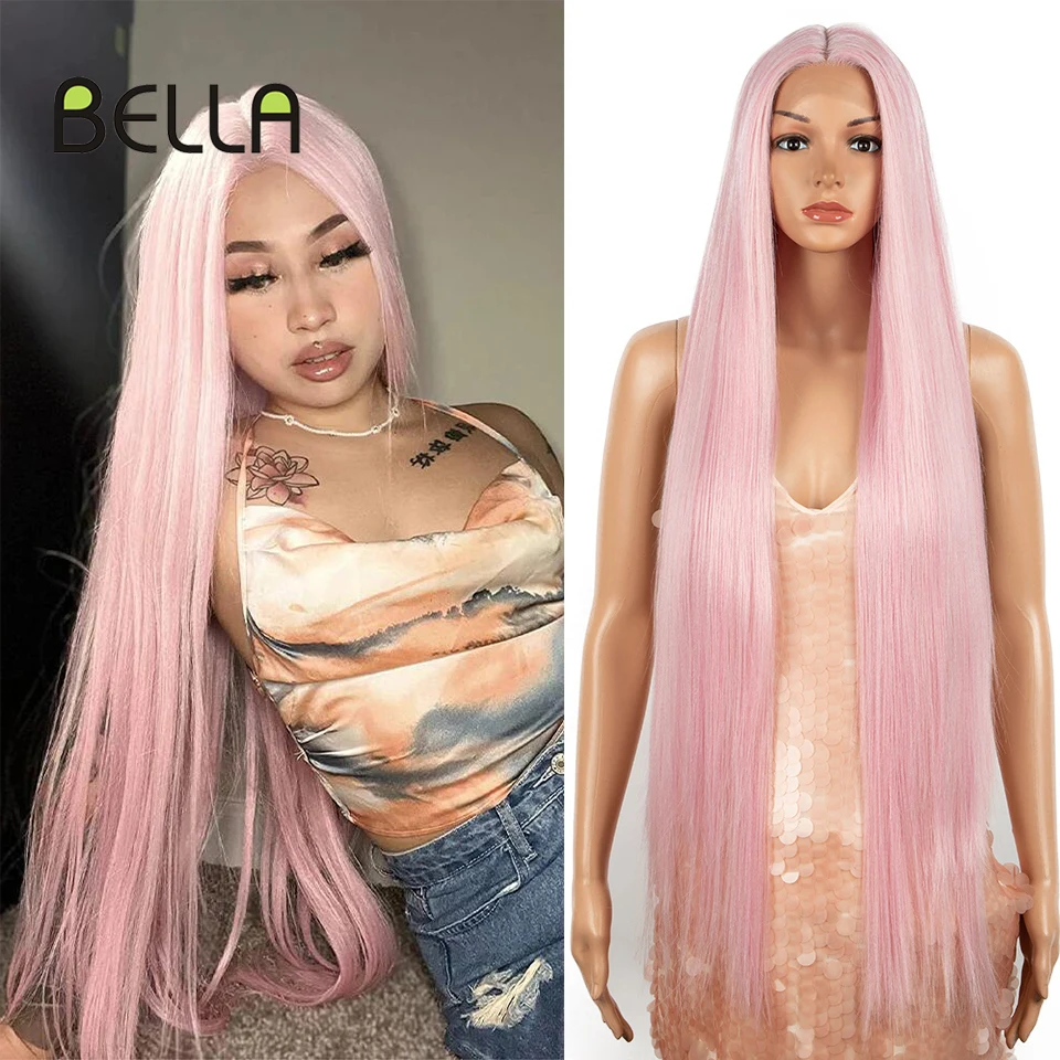 Peluca de encaje sintético Bella, peluca recta de 38 pulgadas, pelo liso súper largo, peluca de malla con división en T, pelucas de cosplay rosa, Rubio y marrón para mujer