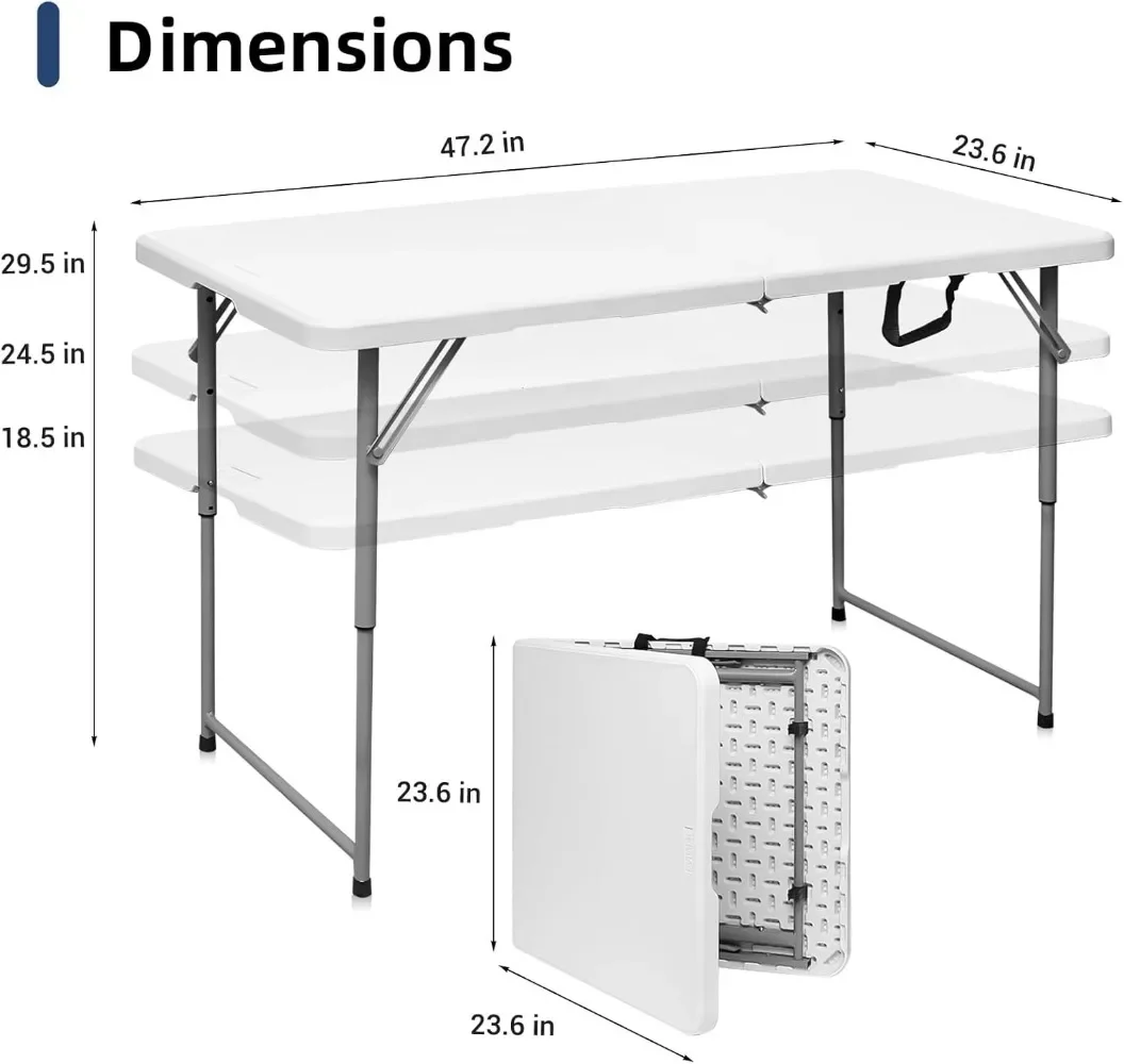 Folding Table 4 Foot Portable Heavy Duty Plastic Fold-in-Half Utility Table Small Indoor Outdoor Adjustable Height Folding Table