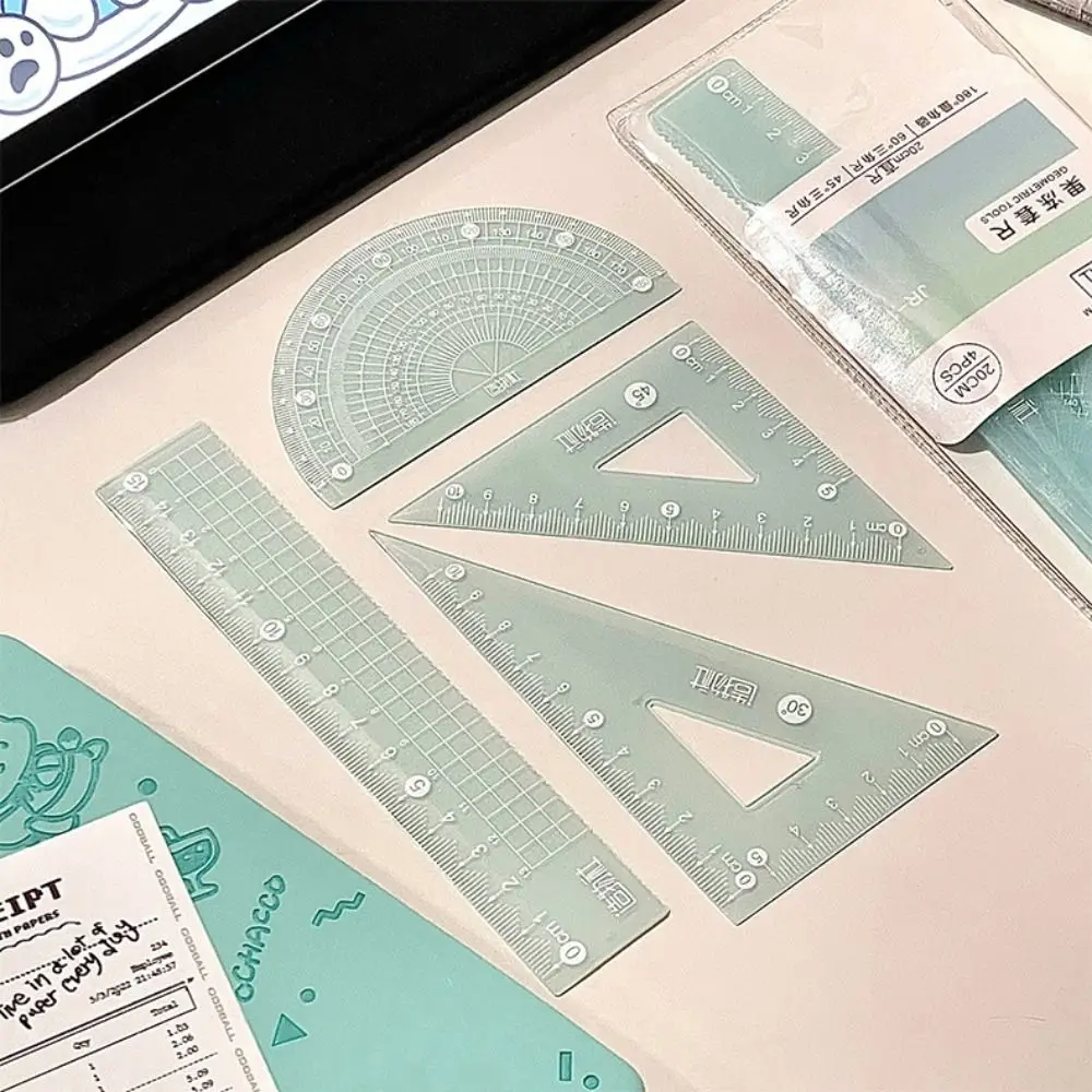4PCS/Set 15/20CM Jelly Ruler Set Thickened Measuring Stationery Set Square Transparent Measuring Ruler Student Gift