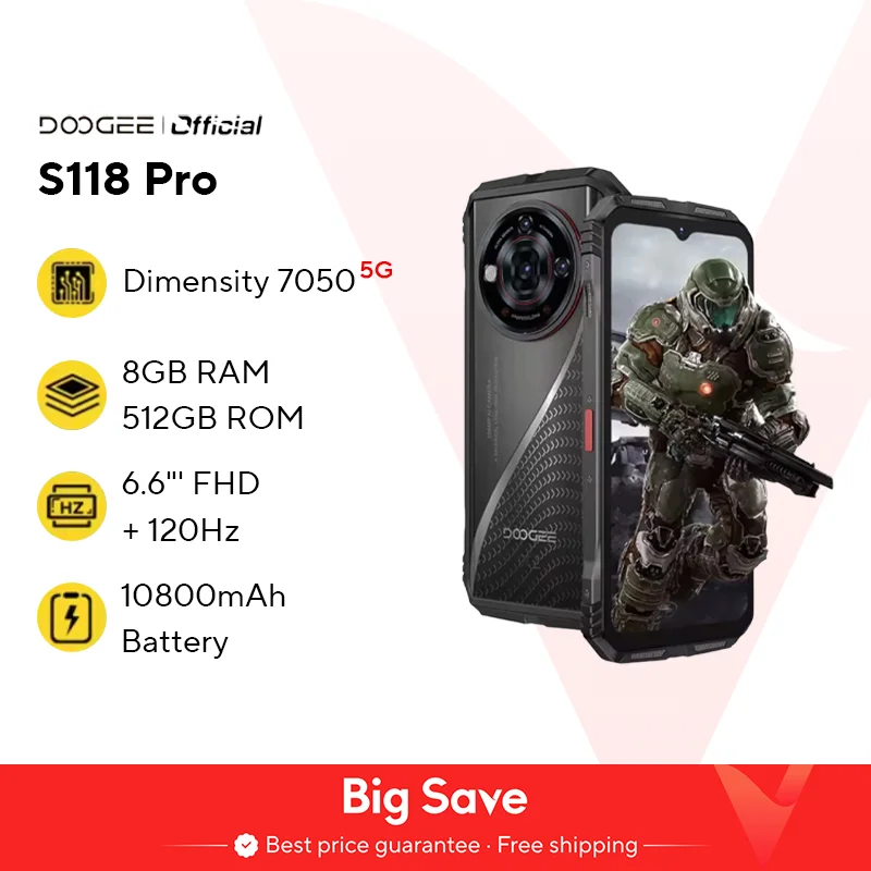 DOOGEE S118 Pro 5G Robustes Telefongröße 7050 6,6'' FHD 120 Hz 8 GB RAM 512 GB ROM 10800 mAh Akku Handy NFC-Mobiltelefone