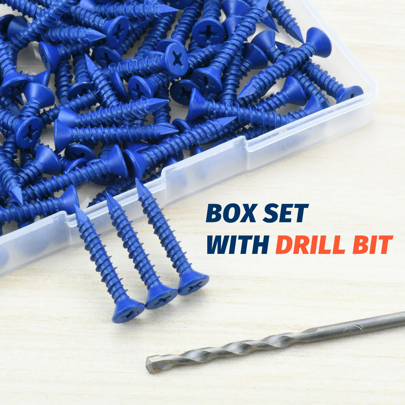 3/16" oder 1/4" Betonschraubanker, blaue Flachkopfschrauben für Mauerwerk, Ziegelblock, Zementstucks (verpackt mit Bohrer)