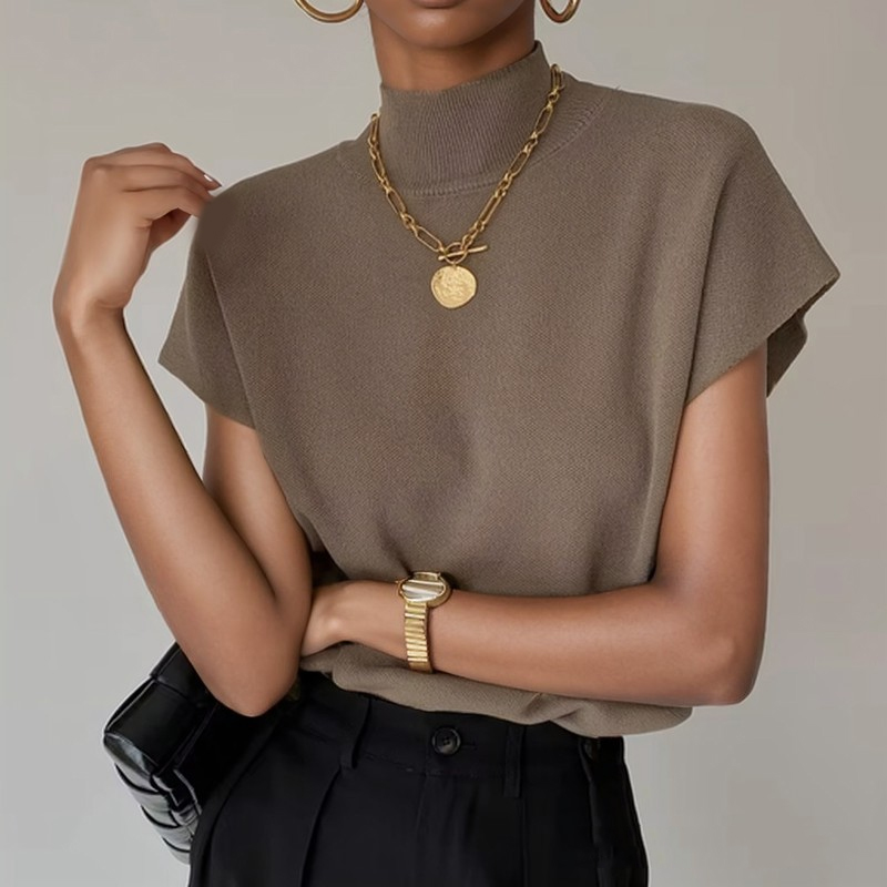 Mode Opstaande Kraag Slanke Vrouwen Gebreide Vest Losse Effen Elegante Rechte Tops Korte Mouw Kantoor Dame T-shirt Los Shirt