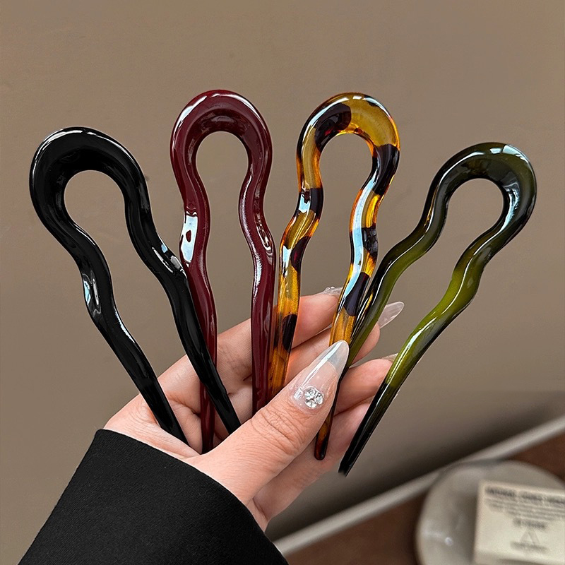 French Twist Hair Stick Hair Clip Plastic Wavy U-Shaped Hairpin Vintage Green Tortoise Women Hair Sticks Headwear Accessories