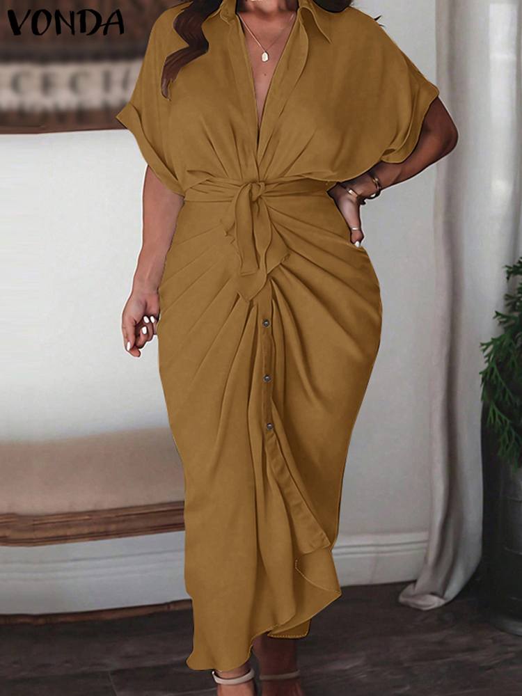 Vonda plus size 5xl Frauen Herbst hemd Kleid 2024 Mode einfarbig Sommerkleid lässig lose plissierte Robe Revers Hals Vestidos