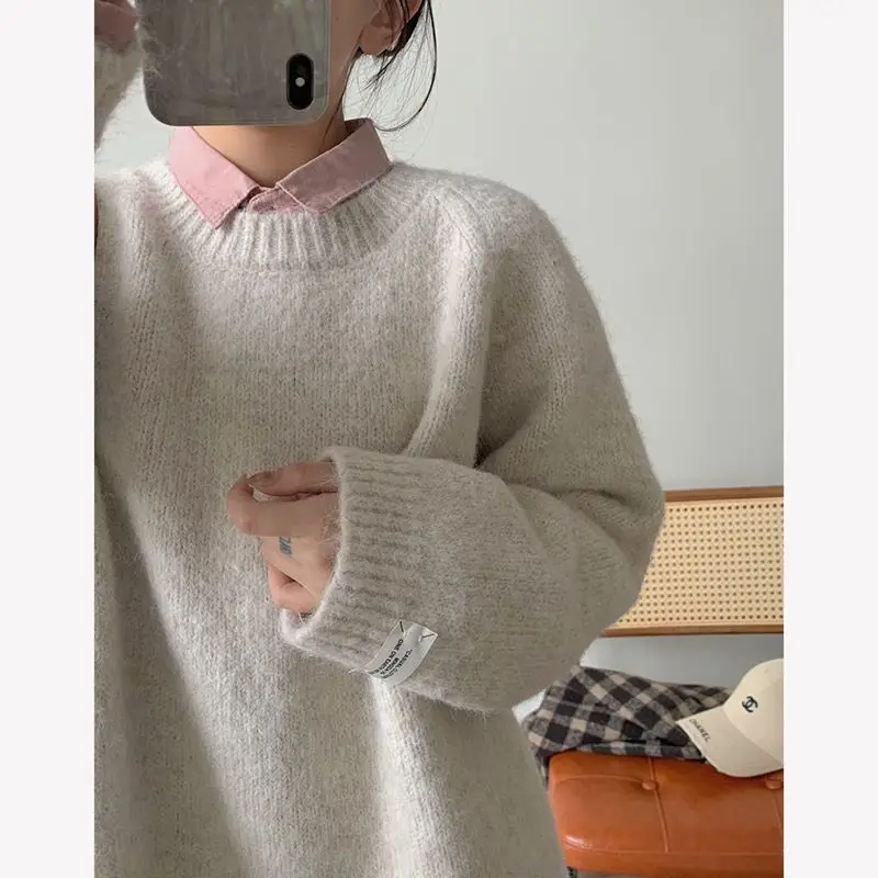 Suéter F Azul Leve Estilo Coreano Casual Ajuste Solto para Meninas, Roupa Externa para Primavera e Outono, Gola Redond...