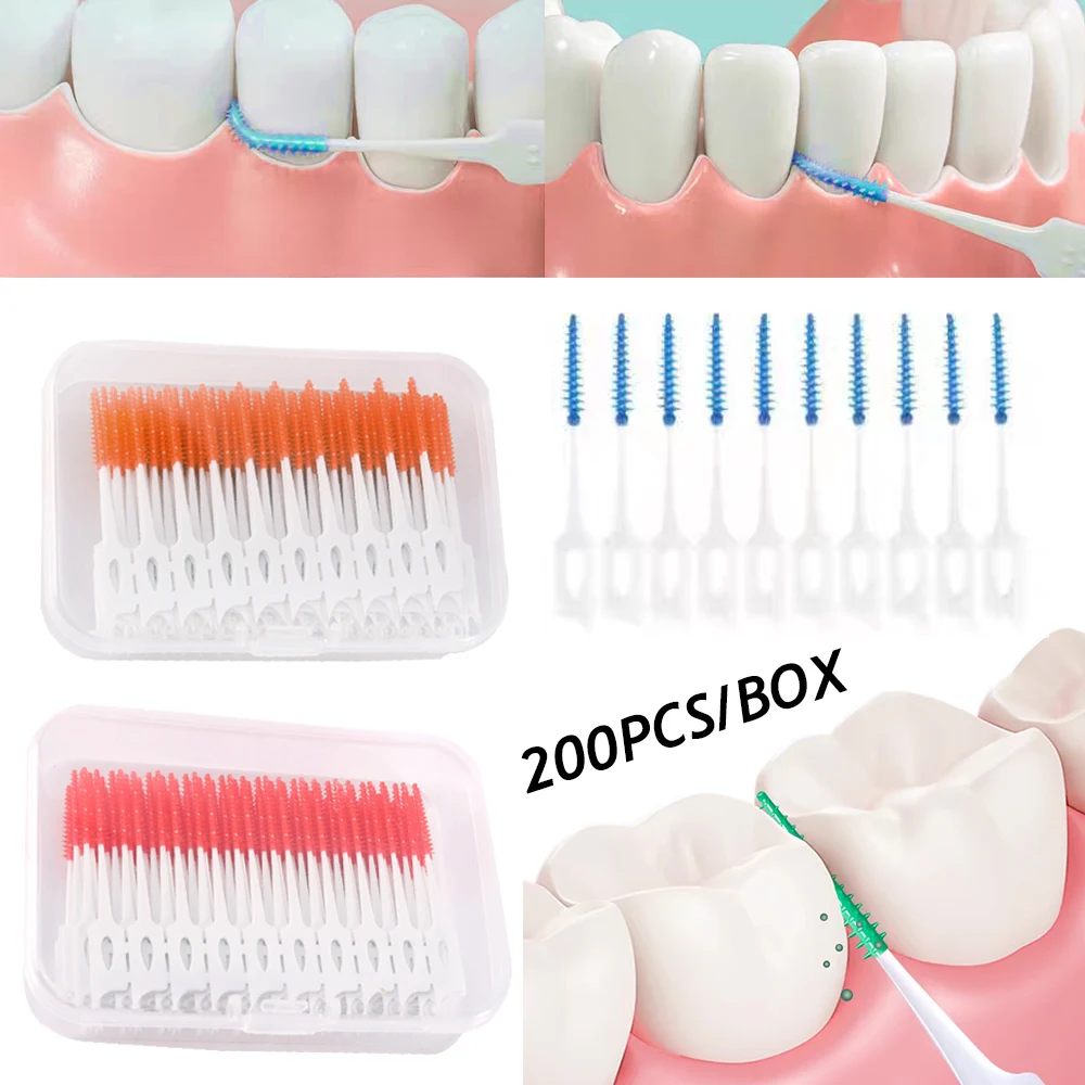 200 Uds. Cepillos interdentales de silicona entre los dientes palillos de dientes de silicona con hilo cepillo de palillos desechable herramienta de limpieza bucal