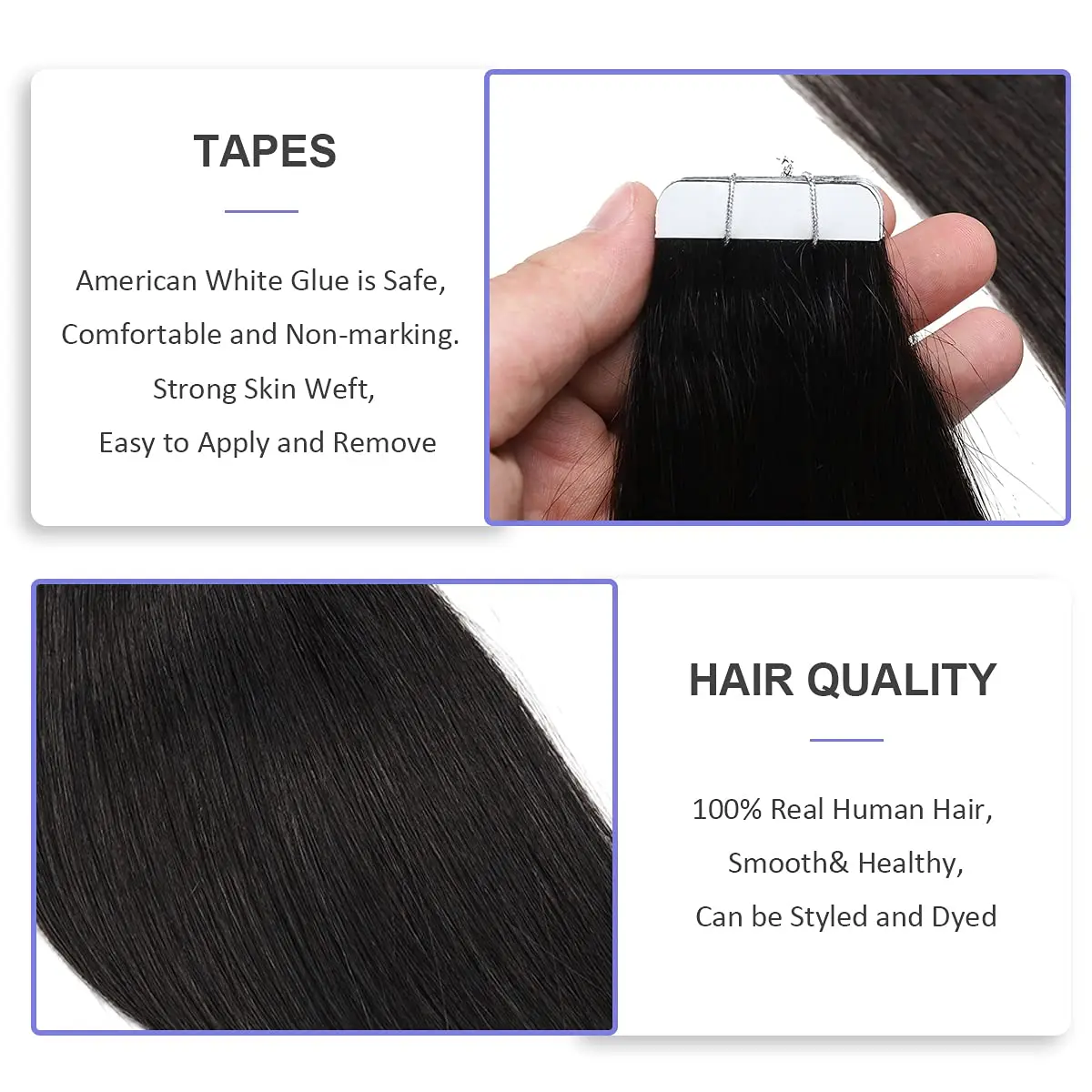 Extensões de cabelo com fita para mulheres, 100% cabelo humano, adesivo, substituível, trama de pele sem costura, cabelo liso, 20 unid, 40 unid, 26 in