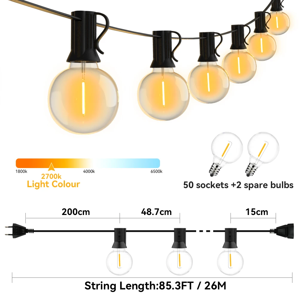 หลอดไฟประดับแบบสาย G40ลูกโลก LED 14ม. 15ม. 18ม. 26ม. ไฟตกแต่งวันคริสต์มาสลาน IP45สำหรับจัดงานแต่งงานในสวนกลางแจ้ง
