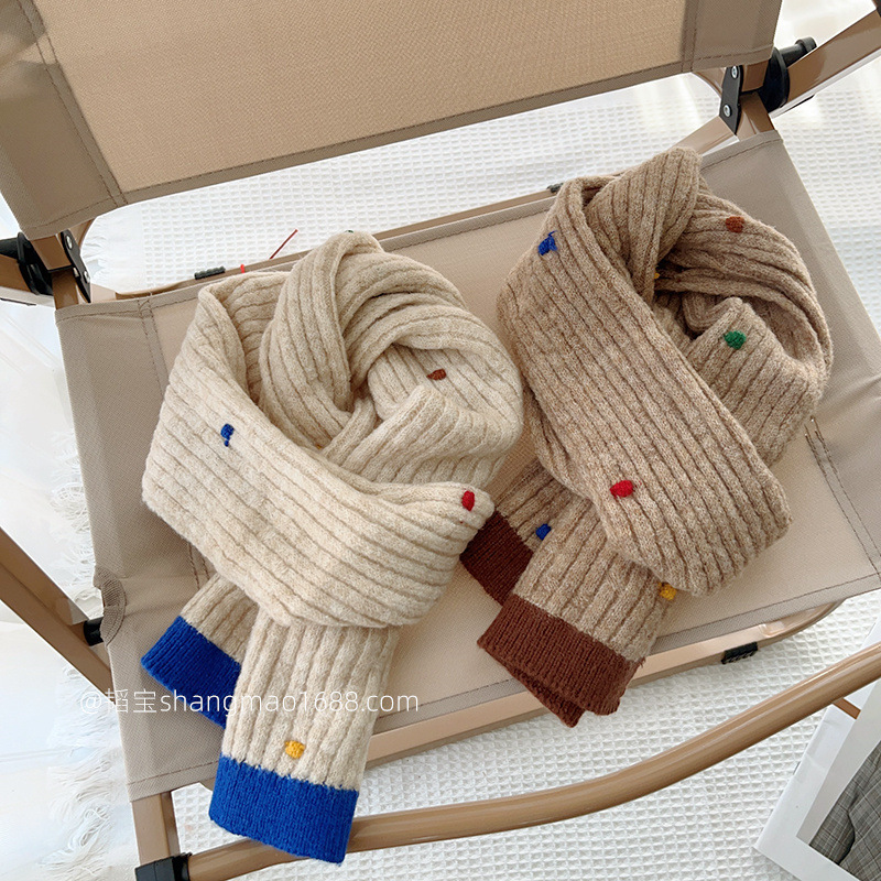 Bufanda tejida de lana para niños con puntos de colores, babero para estudiantes con sentido avanzado, babero para niños y niñas, cálido para bebés de invierno 24W015