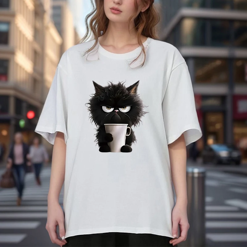T-shirt con stampa bianca estiva da donna con gatto divertente oversize ragazza casual manica corta o collo top per abbigliamento estivo femminile con animali