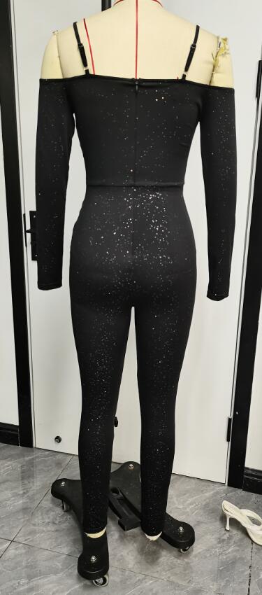 セクシーなパーティーナイトアウトジャンプスーツ女性エレガンス 2022 無地グリッターコールドショルダー長袖コントラストレースコルセットスキニージャンプスーツ