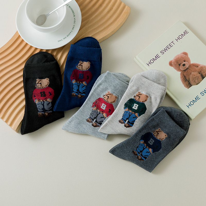 5 pares de calcetines de Otoño Invierno para hombre, calcetines de tubo medio con dibujos de oso grande de Color sólido, calcetines de moda transpirables absorbentes simples al por mayor