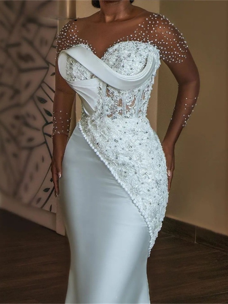 Luxus Perlen Perlen Meerjungfrau Afrikanischen Hochzeit Kleid Sheer Oansatz Mit Langen Ärmeln Aso Ebi Engagement Kleider Korsett vestido de novia