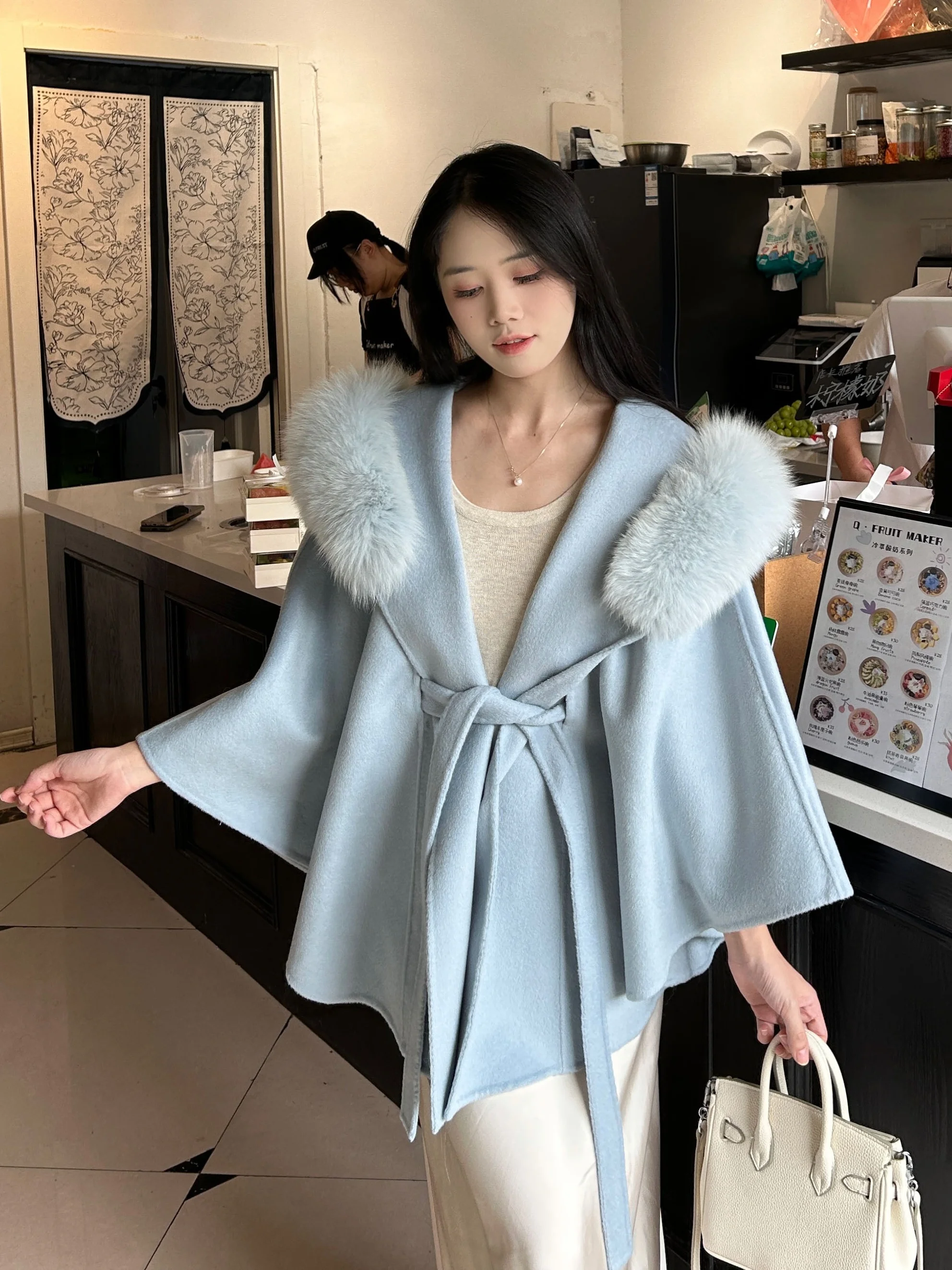 Casaco solto com gola de pele raposa real para mulheres, mistura de lã e caxemira, jaqueta de inverno grossa e quente, punhos e cinto, streetwear, 2023