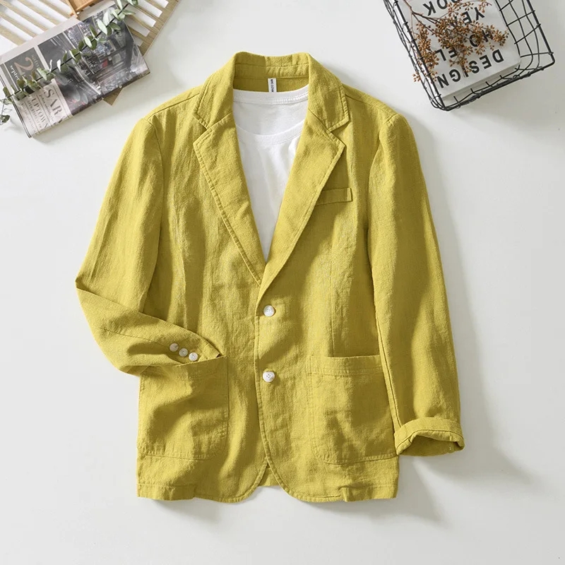 Terno casual de linho e algodão masculino, jaqueta fina solta, ajuste regular, qualidade de viagem, branco, preto, azul, monocromático, outono, 2023