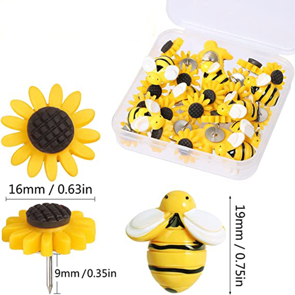 30PCS/Box Sunflower and Honey Bee Push Pins Spring Decoration Sunflower Thumb Tacks Decorative Flower Cork Board Tacks for Bulle