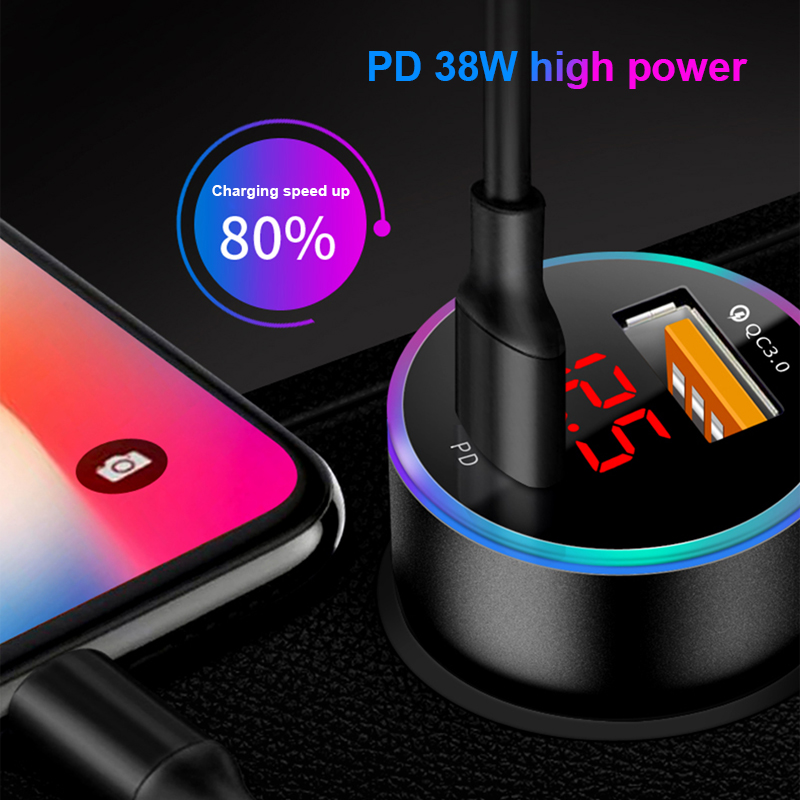 SEAMETAL Autolader PD + USB QC3.0 38W Snel opladen Telefoonoplader 12-24V Sigarettenaanstekeradapter met Led Voltmeter Display