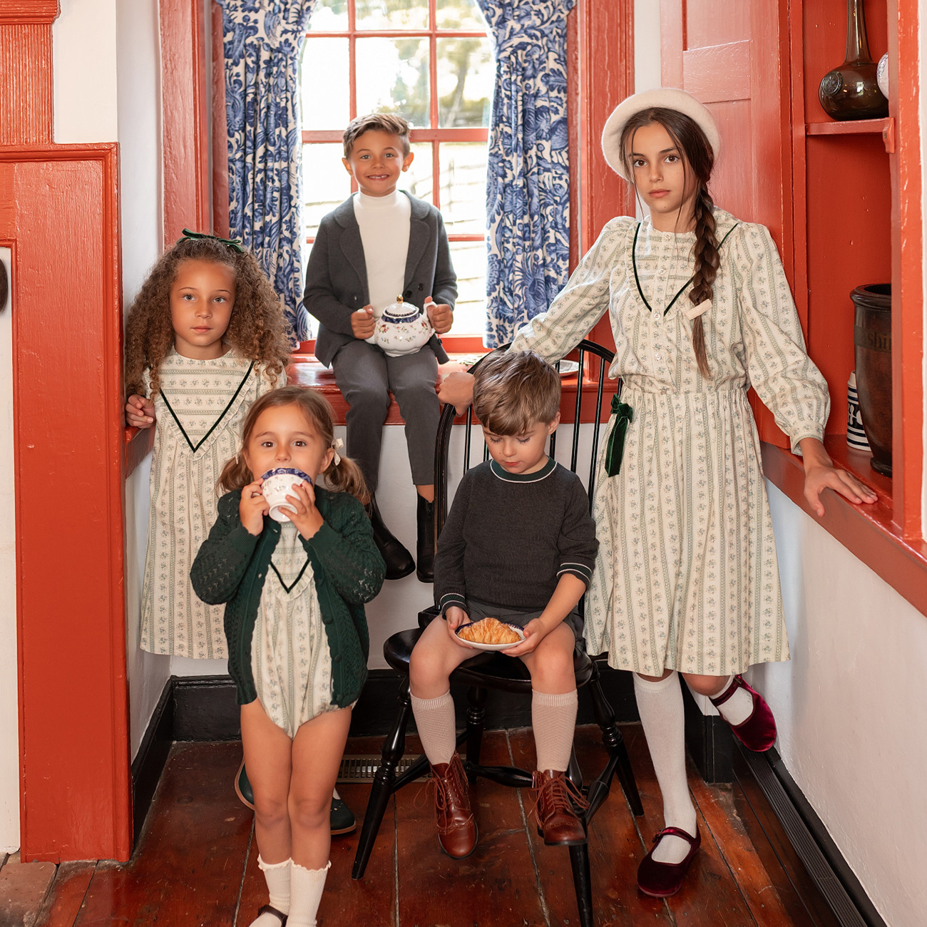 AP Tea Time Collection AW25 Girls Dress Boys Knitting Blazer Sweater Green Floral Cotton Family Matching Clothing