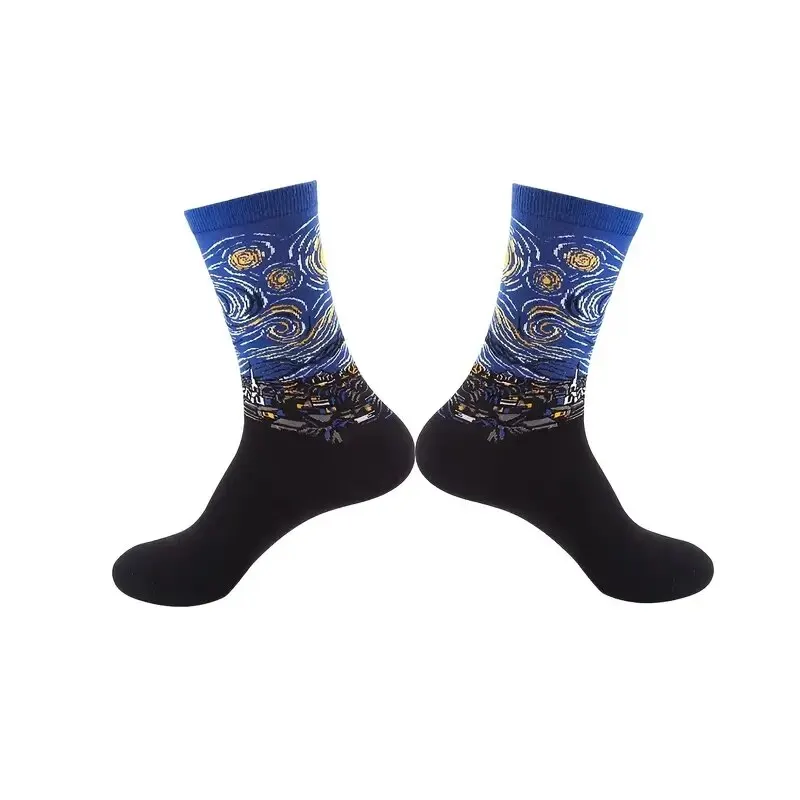 Calcetines artísticos con pintura al óleo abstracta Retro para hombre, calcetín moderno para monopatín, Van Gogh, noche estrellada, feliz, pintura al óleo, 1 par