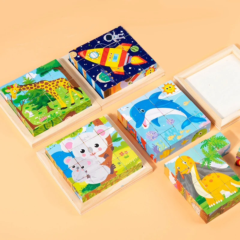 Kleuterschool Educatief Speelgoed Ambachten Cartoon Zeszijdige Houten Puzzelblokken Set Bijpassende Dieren Blokken Vroeg Onderwijs