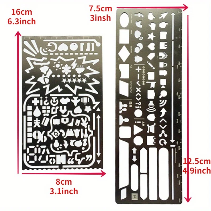 2pcs/set Vintage Portable Stainless Steel Stencils Hollow Ruler Planner Travel Diary Notebook DIY Tool Template Gift Stationery