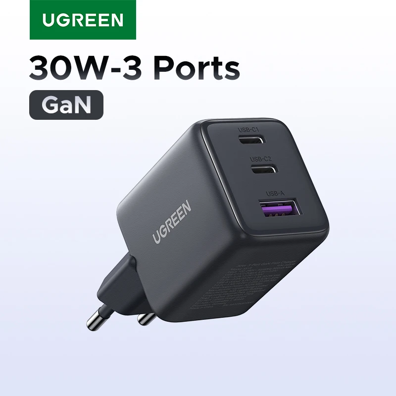 Cargador UGREEN 30W GaN 3 puertos PD 3,0 USB C para iPhone 17 16 15 Pro Samsung S25 Xiaomi Tablet iPad Air Pro cargador de teléfono