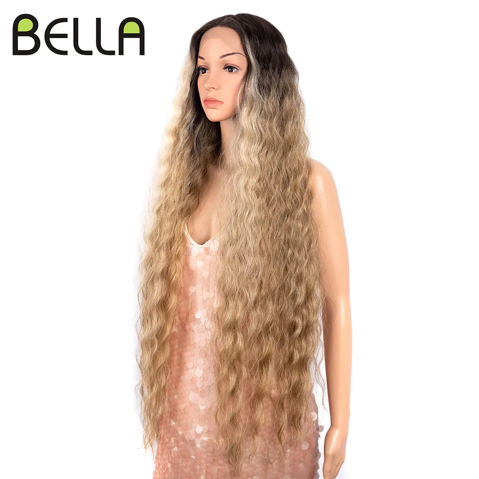 Bella 40 นิ้ว T Part ลูกไม้วิกผมสังเคราะห์ Deep WAVE วิกผมยาว Ombre สีบลอนด์สีน้ําตาลคอสเพลย์วิกผมความร้อนทนผมปลอม