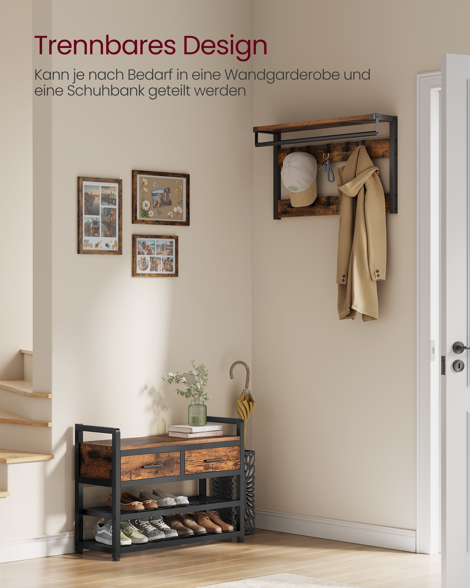 VASAGLE kapstok, scheidbaar ontwerp, kapstok met schoenenbank