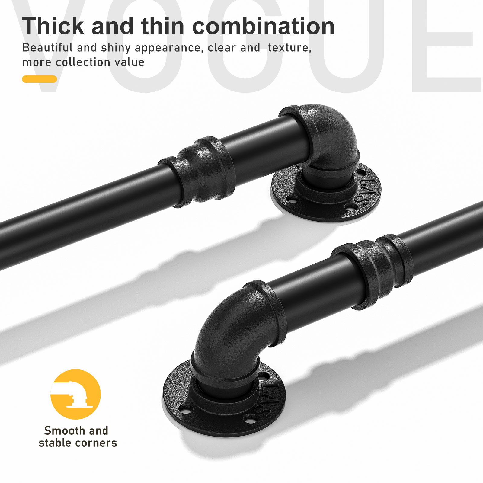 Stainless Steel Stair Corrimão para Indoor Stairway, Black Pipe, Wall Mount, Industrial Iron Loft, 110lbs Capacidade de carga, 2m