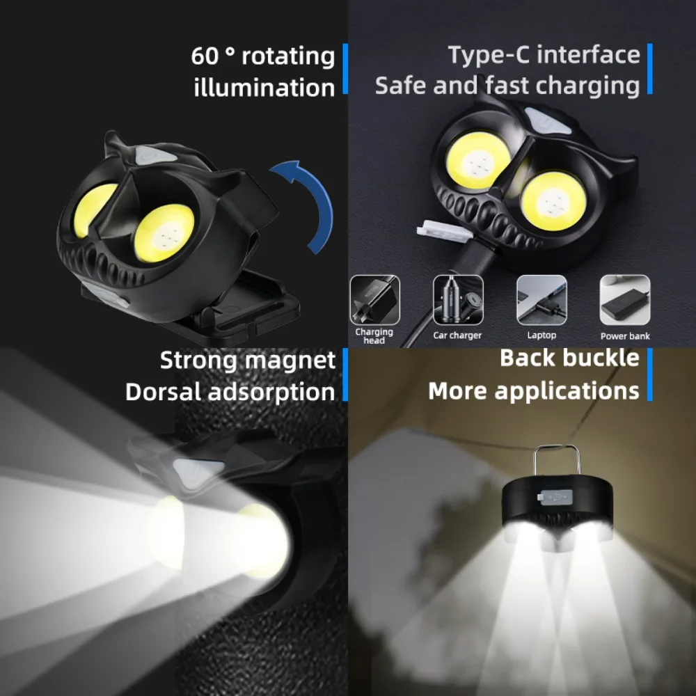 Eule Cob Scheinwerfer Typ-c Wiederaufladbare Scheinwerfer Tragbare Rotierenden Jagd Lichter USB Magnet Led Kopf Taschenlampe Angeln Kopf Lampe