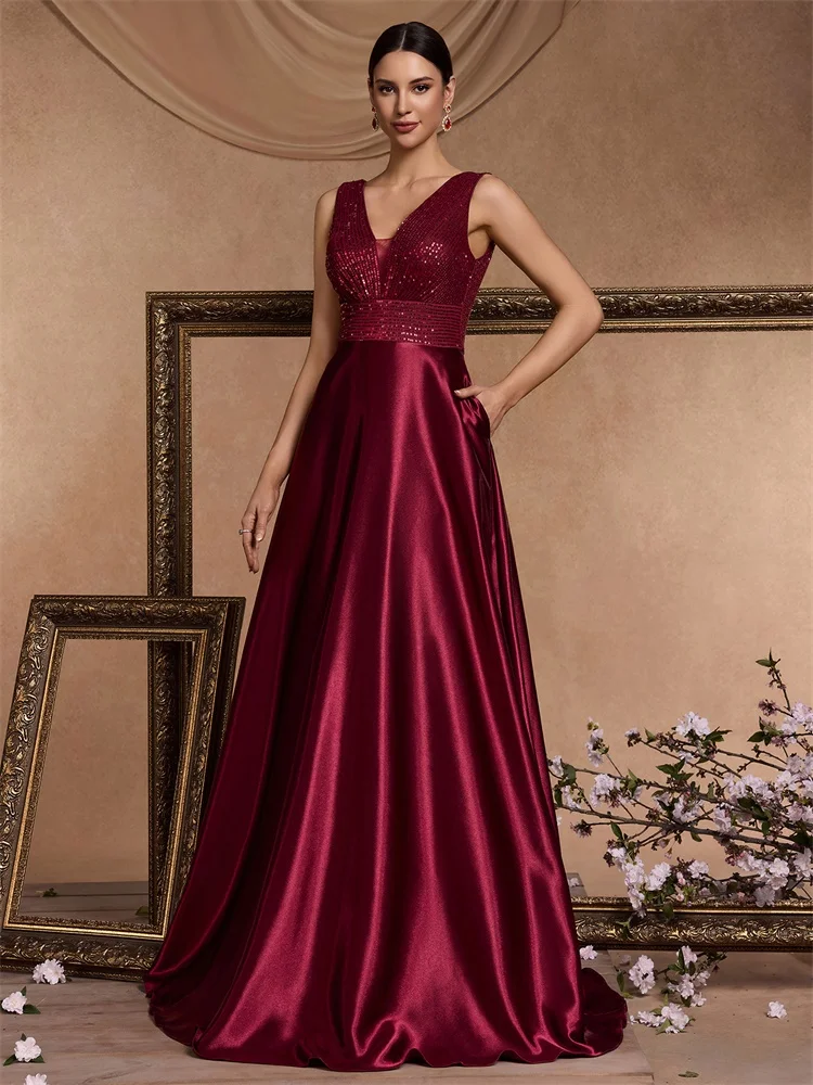 Lucyinlove Elegant Sequins ชุดราตรีสําหรับผู้หญิง 2024 ลึก V คอซาตินพรหมปาร์ตี้ชุดสีเขียวความยาวชั้นสีฟ้า Gowns อย่างเป็นทางการ