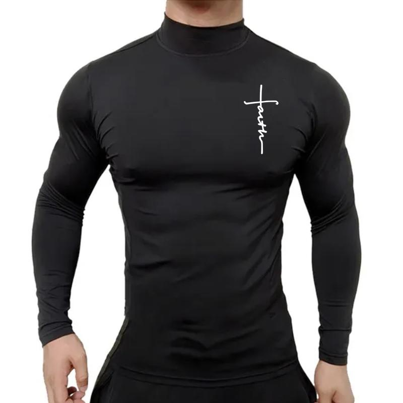 新しいファッションメンズハイカラー長袖Tシャツ、メンズフィットネスワークアウトシャツジムトレーニングトップスマッスルTシャツ、信仰グラフィックTシャツ