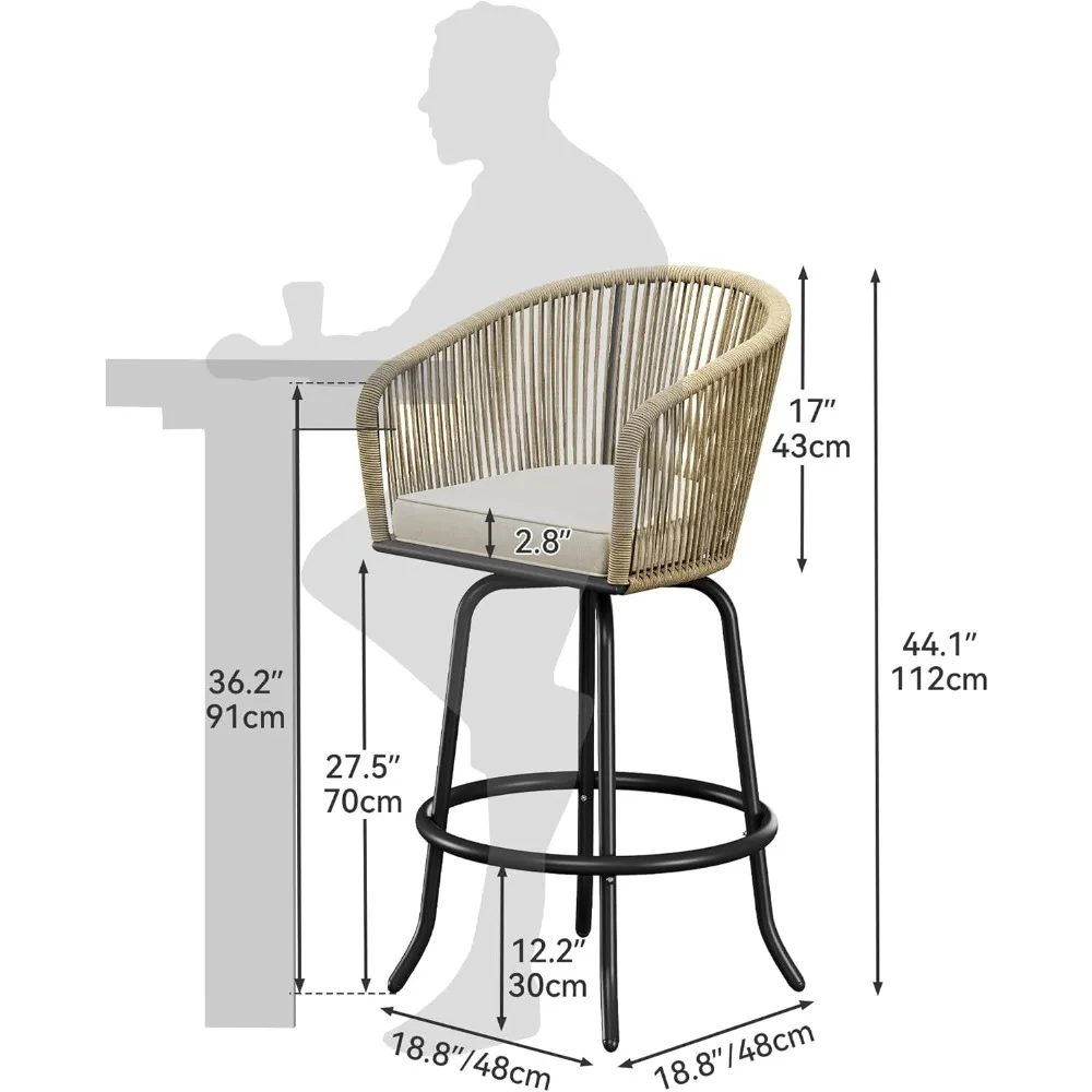 Counter Height Bar Stools Set of 4, Outdoor Bar Stools with Soft Cushions, Patio Rattan Swivel Bar Chairs for Backyard  Poolside