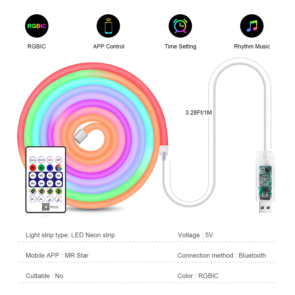 Striscia luminosa al neon LED RGBIC RGB WS2812, nastro al neon con diodo Bluetooth impermeabile USB 5V con telecomando per la decorazione del soffitto della stanza