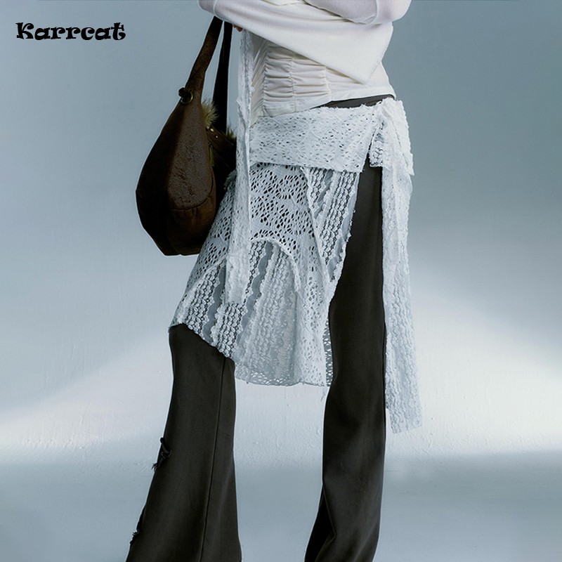 Karrcat Grunge Esthetiek Kanten Rok Japanse Y 2K Vintage Onregelmatige Witte Rok Harajuku High Street Uitgesneden Rok Koreaanse Stijl